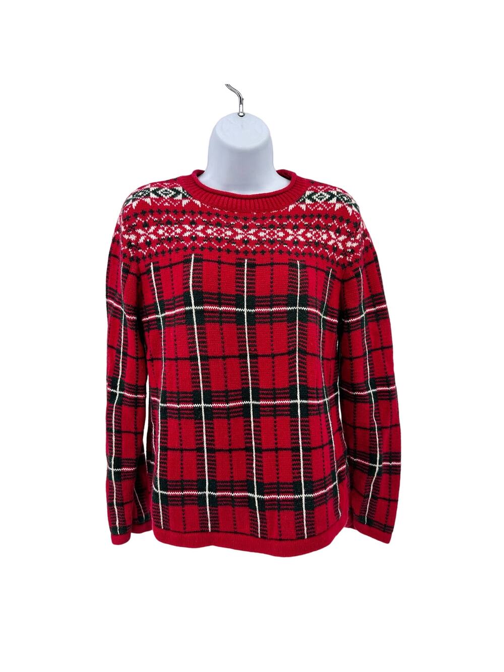 Crazy Horse WMNS M Red Fair Isle Plaid Christmas Sweater Holiday Cabin Core